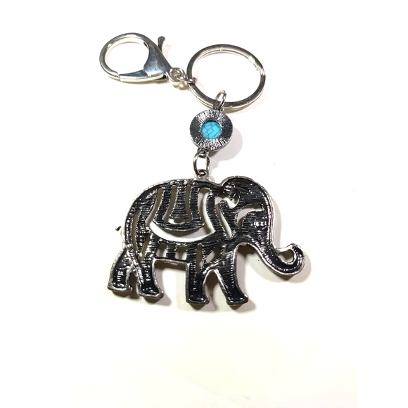 Elephant Keychain Cut Outs Blue Green Stone Silver Tone Purse Luggage Clip - Picture 7 of 8
